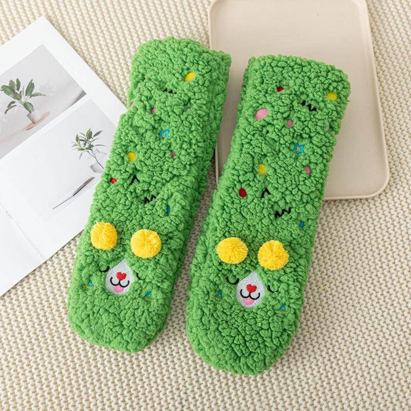 1 Pair Thigh-Long Sock Non-Slip Sherpa Material One Size Lounge Wear Funny Embroidery Design Thick Floor Socks Warmth Multi-Color