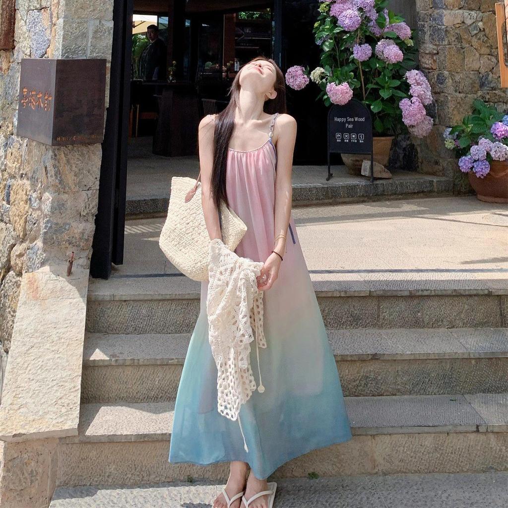 Korean Sweet Gradient Spaghetti Strap Beach Dress - 2026 Summer Seaside Vacation Design
