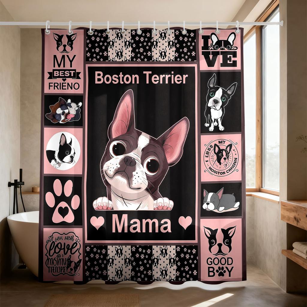 Hundemama Duschvorhang 90 g/m² Wasserdicht Boston Terrier Mops Aufdruck Badezimmer Dekoration Mit Haken