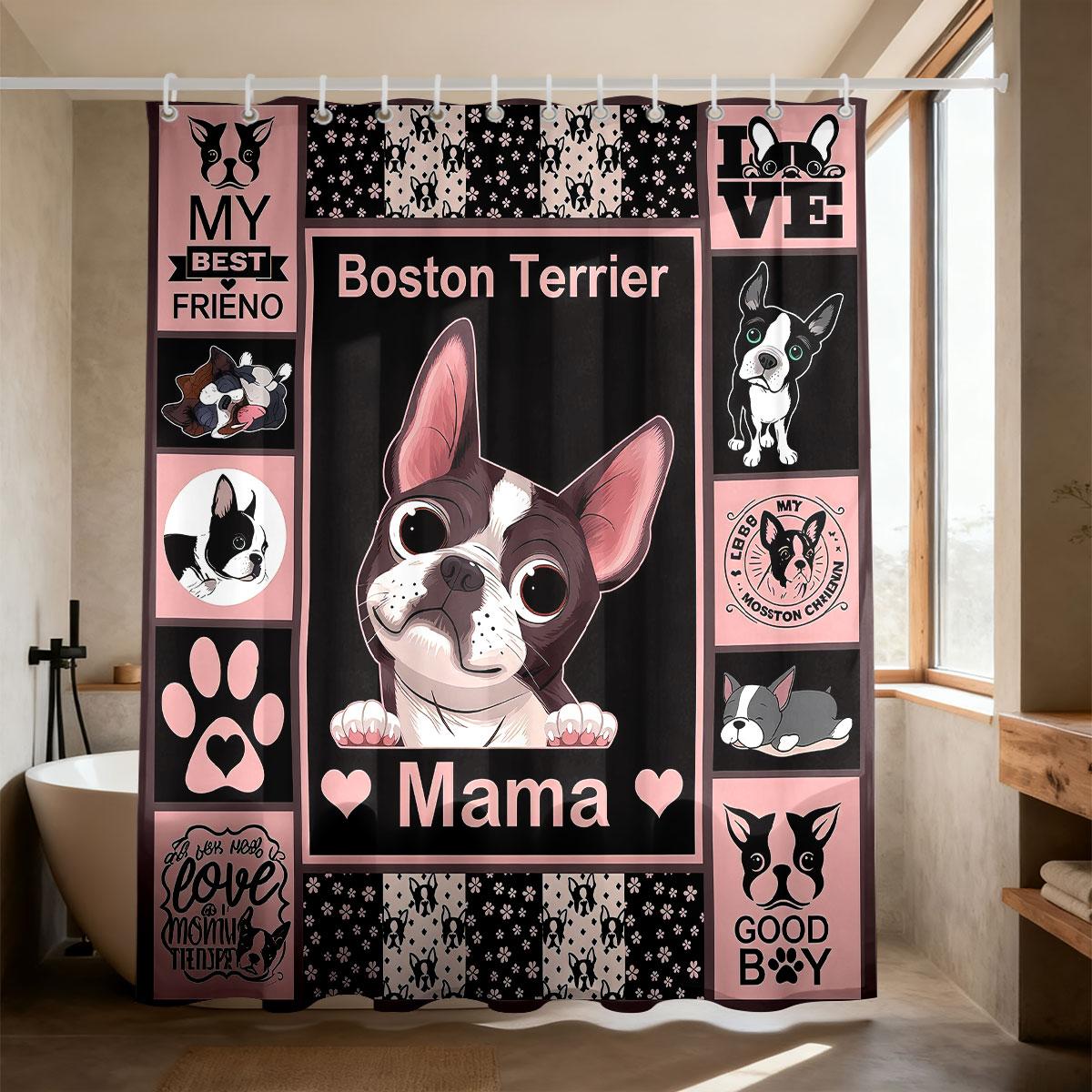 

Dog Mom Shower Curtain 90Gsm Waterproof Boston Terrier Pug Print Bathroom Decor With Hooks W60H190(CM)-1 Pcs