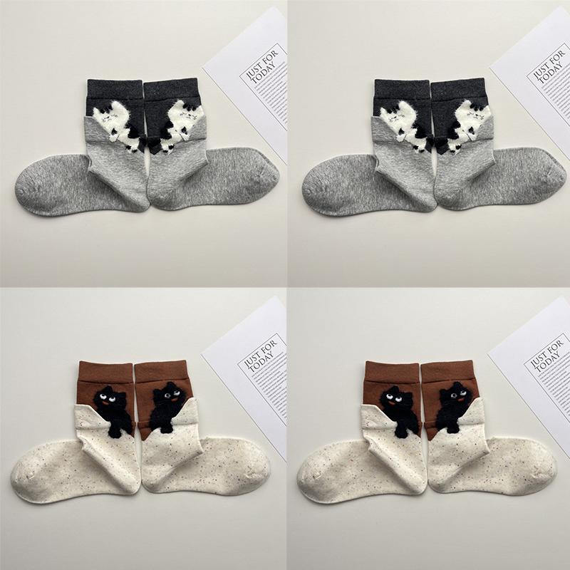 4 Pairs Cartoon Cute Cat Cotton Socks Women Girls Middle Tube Sleep Floor Socks