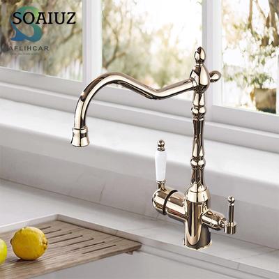 Goldene Luxus Küchenreiner Wasser Spültischarmatur Zwei Keramikgriffe Wasserreinigung Warm- und Kaltwasser-Mischbatterien Deckmontage