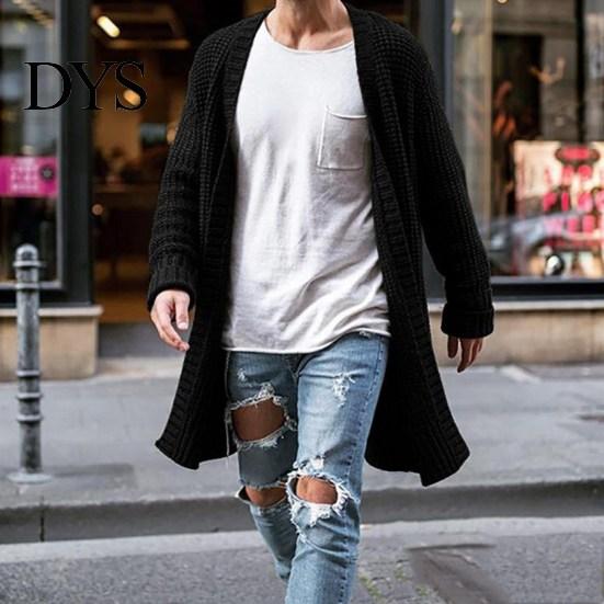 Men Winter Coat Sweater Cardigan Solid Color Long Sleeve Cold Proof Man Knitwear Autumn Loose Mid Length Streetwear