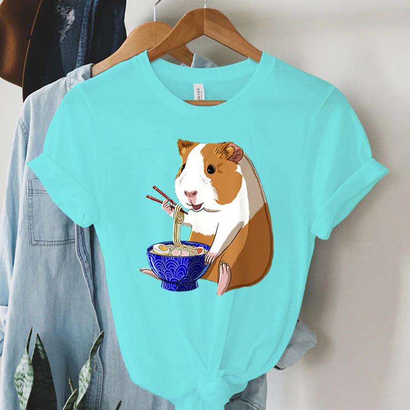 Harajuku Guinea Pig Noodles Ramen T Shirt Women Summer Crewneck Tshirt Cartoon Fashion Guinea Pig Tee Women Short Sleeve T-shirt