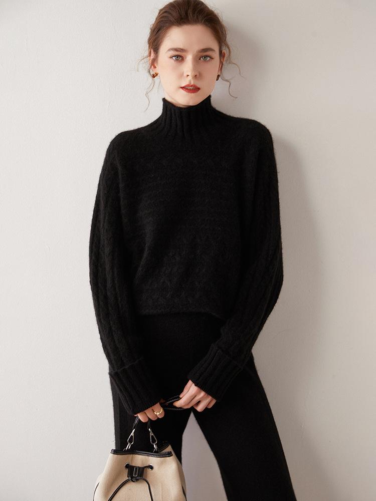 Women's Retro High-Neck Cable Knit Cashmere Sweater, Loose-Fit, Light Color, Pullover Style