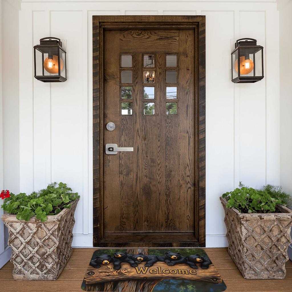 Bears Welcome Sign And Rustic Wood Design Doormat Anti-Slip Entrance Bathroom Kitchen Door Floor Mat  Garage Rug Carpet Footpad