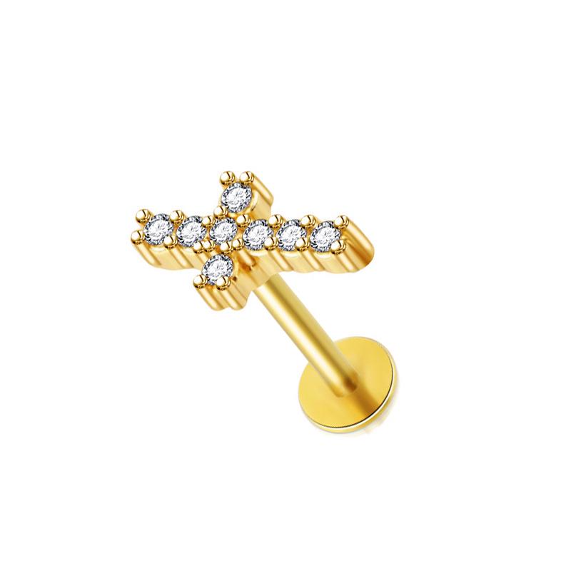 Steel Bar Heart & Cross Zircon Earrings - Women's 16G Cartilage & Lip Studs