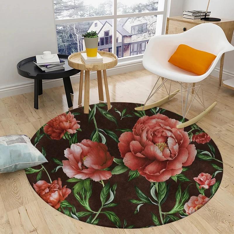 Peony Rose Flower Round Carpet Botanical Floral Area Rug Soft Non-slip Circle Floor Mat for Bedroom Living Room Chair Sofa Decor