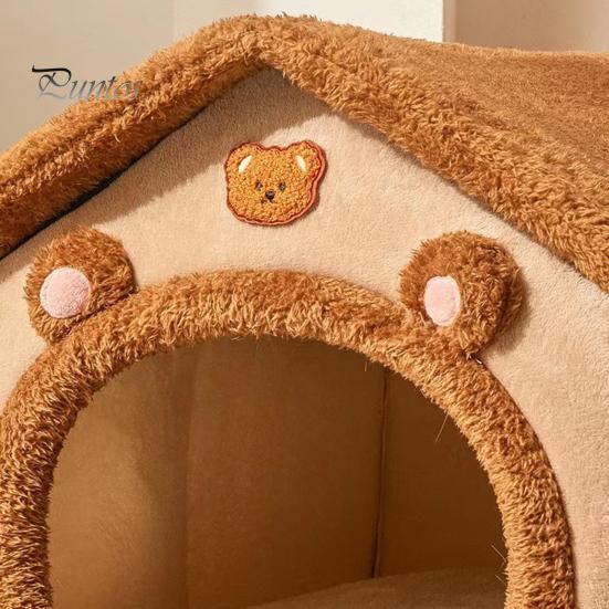 Pet Bed Cave with Removable Cushion Pillow Cartoon Bear Enclosed Indoor Cat Dog House Kitten Puppy Winter Warm Plush Sleeping Nest Pet Supplies