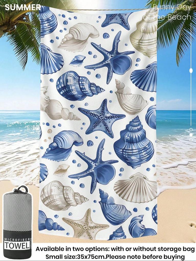 1pc Blue & White Striped Seahorse Printed Beach Towel, Microfiber Soft Absorbent Swim Towel, Lightweight Portable for Bathroom,