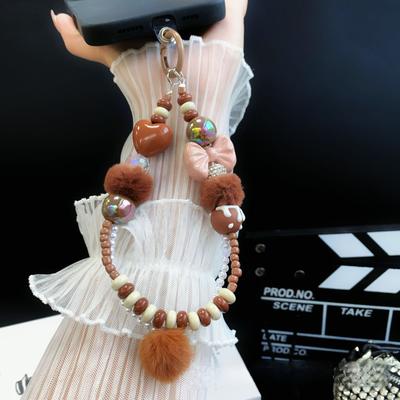 Creative Hand-Painted Beaded Plush Beaded Phone Chain Keychain Bag Pendant Earphone Heart Phone Chain for Women Wholesale