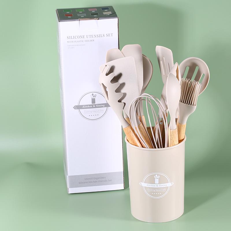 Silicone Non-Stick 12-Piece Kitchen Utensil Set with Storage Bucket