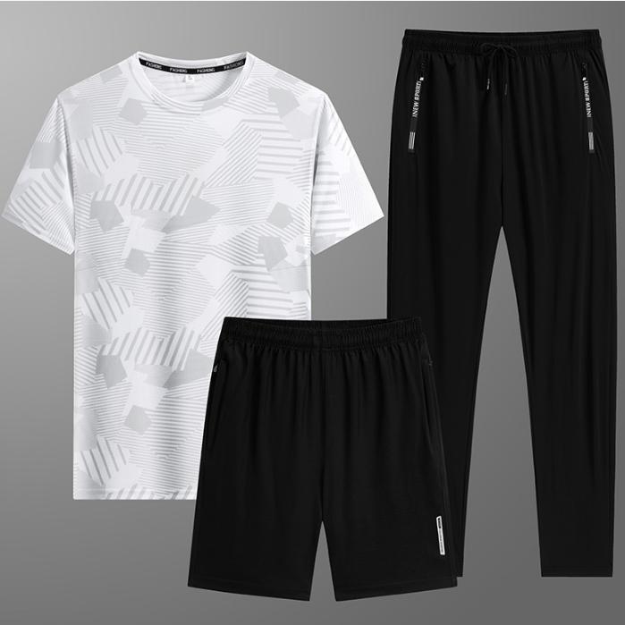 Leisure Sports Short Sleeved T-shirt, Long Pants, Ice Silk Set, Men's Summer Three Piece Set