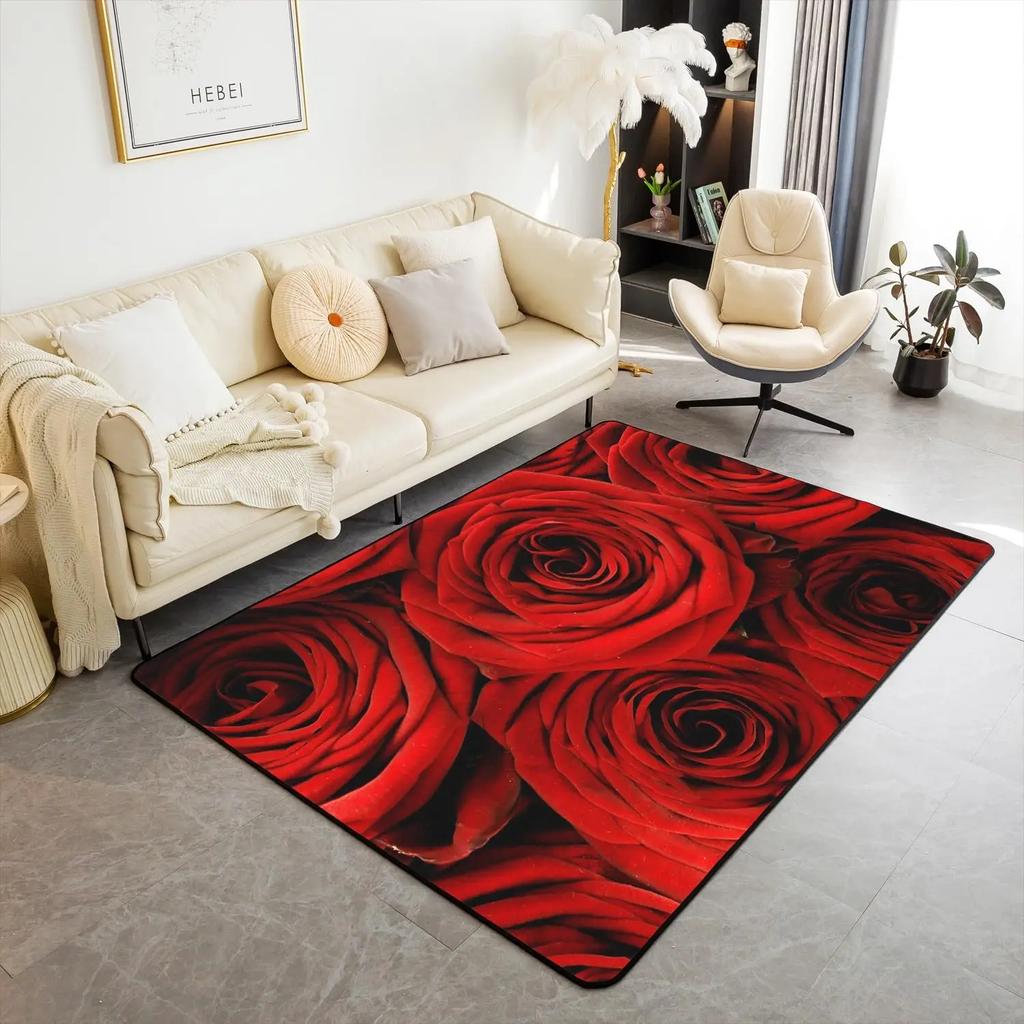 Carpet for Living Room Romantic Black White Red Rose Flower Painting Area Rug Abstract Non-Slip Bedside Floor Mats Home Decor