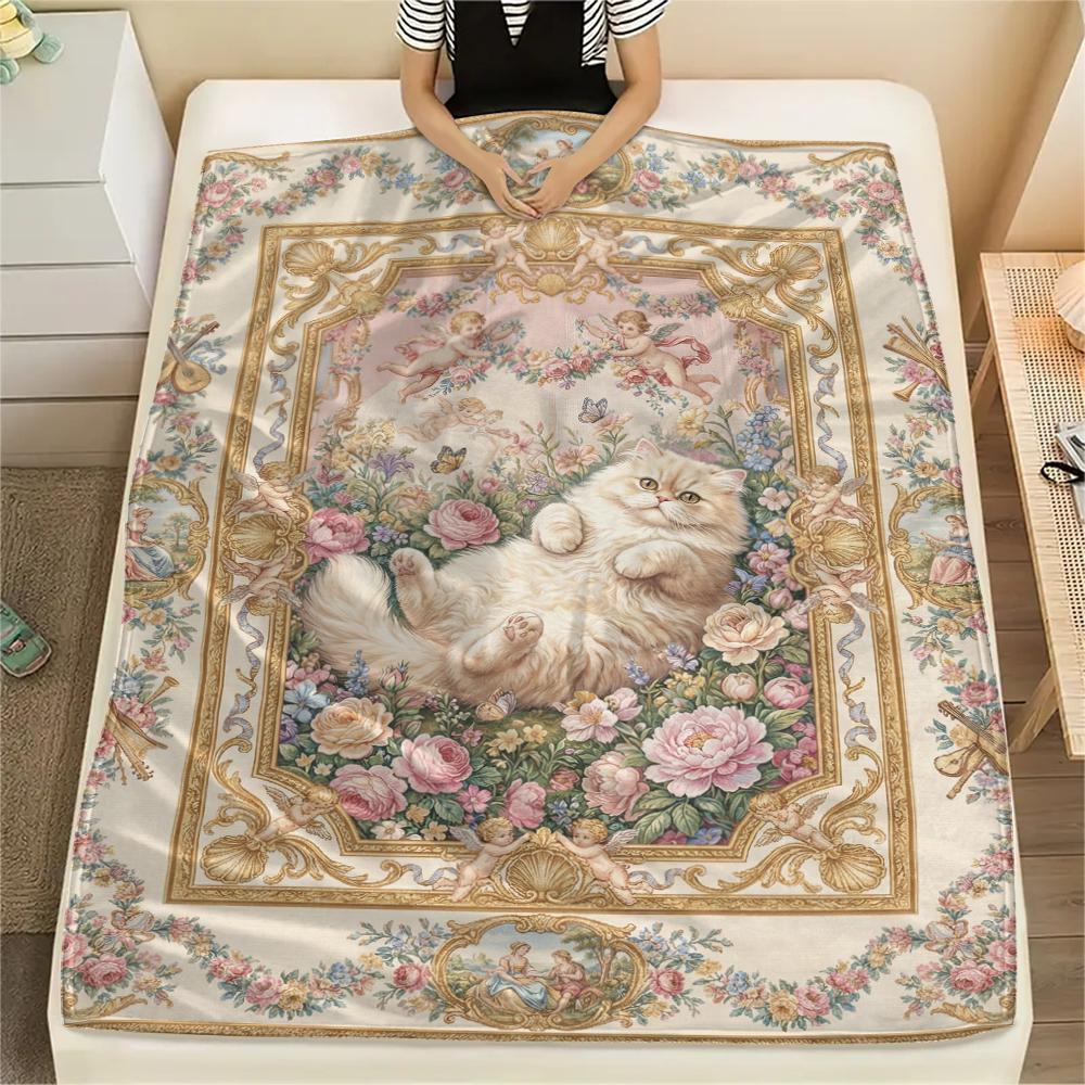 Cat Flower Print Flannel Blanket, High quality Comfortable for All Seasons, Home Decor, Warmth and Comfort, Perfect for Christmas Gifts43