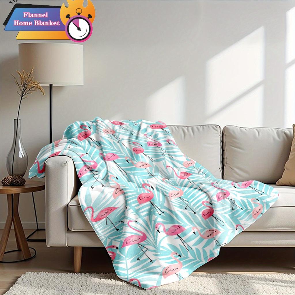 1 Stück Tropischer Flamingo & Palmenblatt-Print Flanelldecke - Zartrosa & Türkisblau Ganzjahres-Kuscheldecke, Leichte Bettdecke