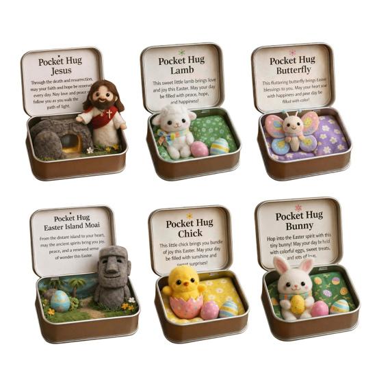 Boîte Hug de Poche de Pâques Figurine Jésus/Lapin/Mouton/Poussin/Papillon/Pierre en Feutre dans Boîte avec Carte Remplisseurs de Panier de Pâques Cadeau Inspirant pour Femmes