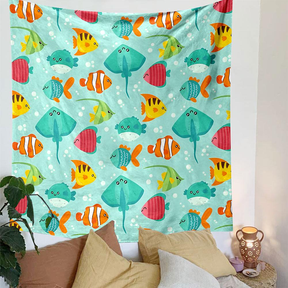 Colorful Cartoon Tropical Fish Pattern Patterned Tapestry Decorative Wall Hanging, Home Bedroom Living Room Decor