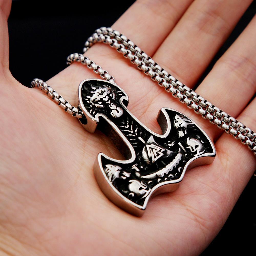 Nordic New Stainless Steel Thor Hammer Viking Ship Triangle Rune Retro Necklace for Men