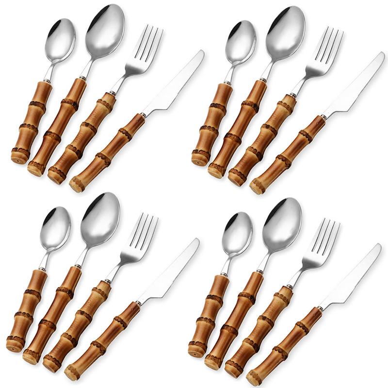 8/16/24pcs Creative Bamboo Cutlery Sets 304 Stainless Steel Steak Cutlery Tableware set Spoon and Fork Kitchen Dining Bar