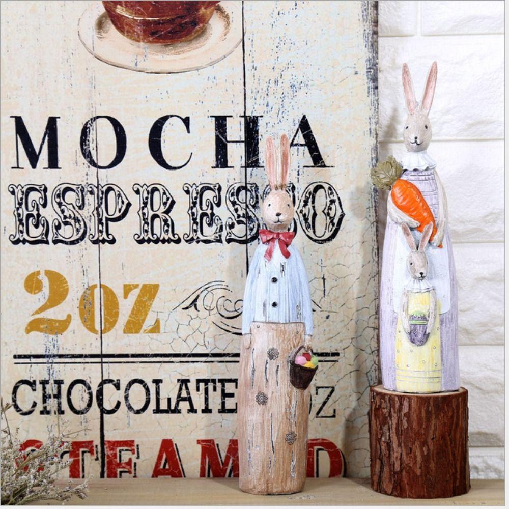 Rustic Couple Rabbit Sculpture Cute Rabbit Resin Ornament Retro Easter Bunny Statue Easter Decor