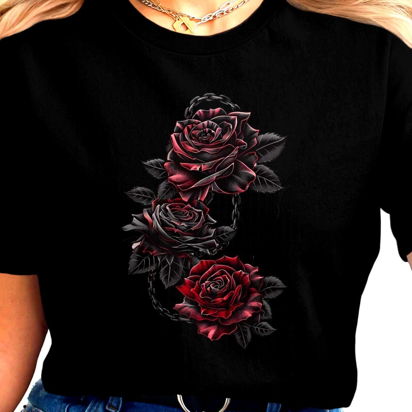 Gothic Chained Roses Shirt | Dark Floral Romance Tee | Goth Graphic Flowers Top S