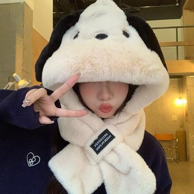 Cute Puppy Long Ears Plush Hat Scarf Integrated Female Autumn and Winter Show a Small Face Warm Two-piece Set