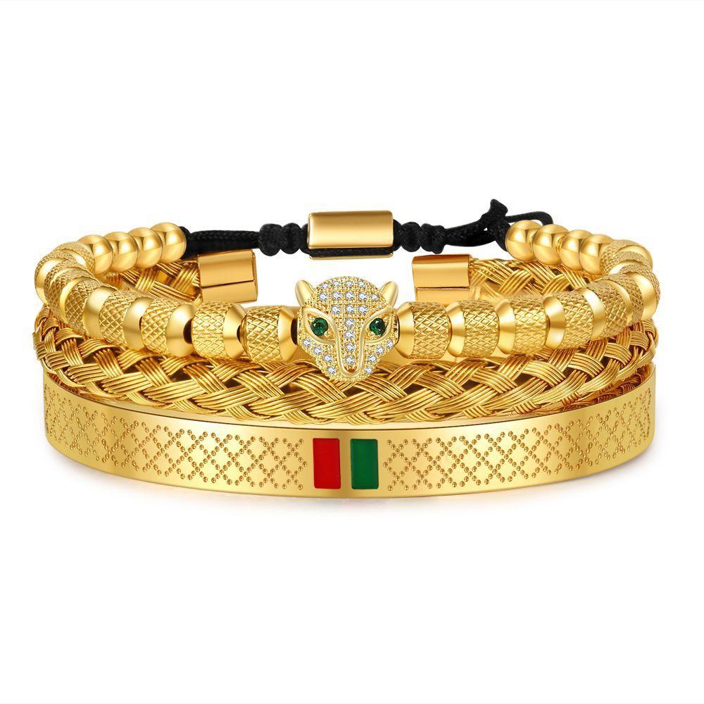 Hip Hop Leopard Head Zircon Copper Stainless Steel Bracelets Set For Men And Women