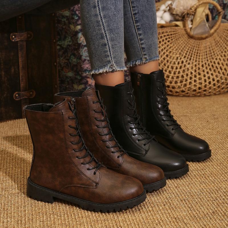 Fashion 2025 Cow Leather Quality Boots for Woman Autumn Winter Square Med Heel Ankle Boots Lace Up Zipper Botas Mujer Bottes Femmes