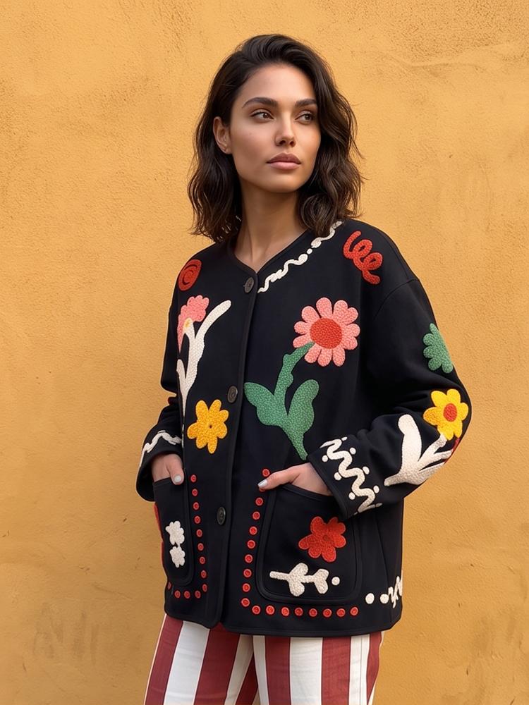 Boho Bloem Cardigan Dames Jas Dames Kleurrijk Ronde Hals Opgestikte Zakken Digitale Print Losse Jassen Dagelijkse Woon-werkverkeer Buitenkleding 2026