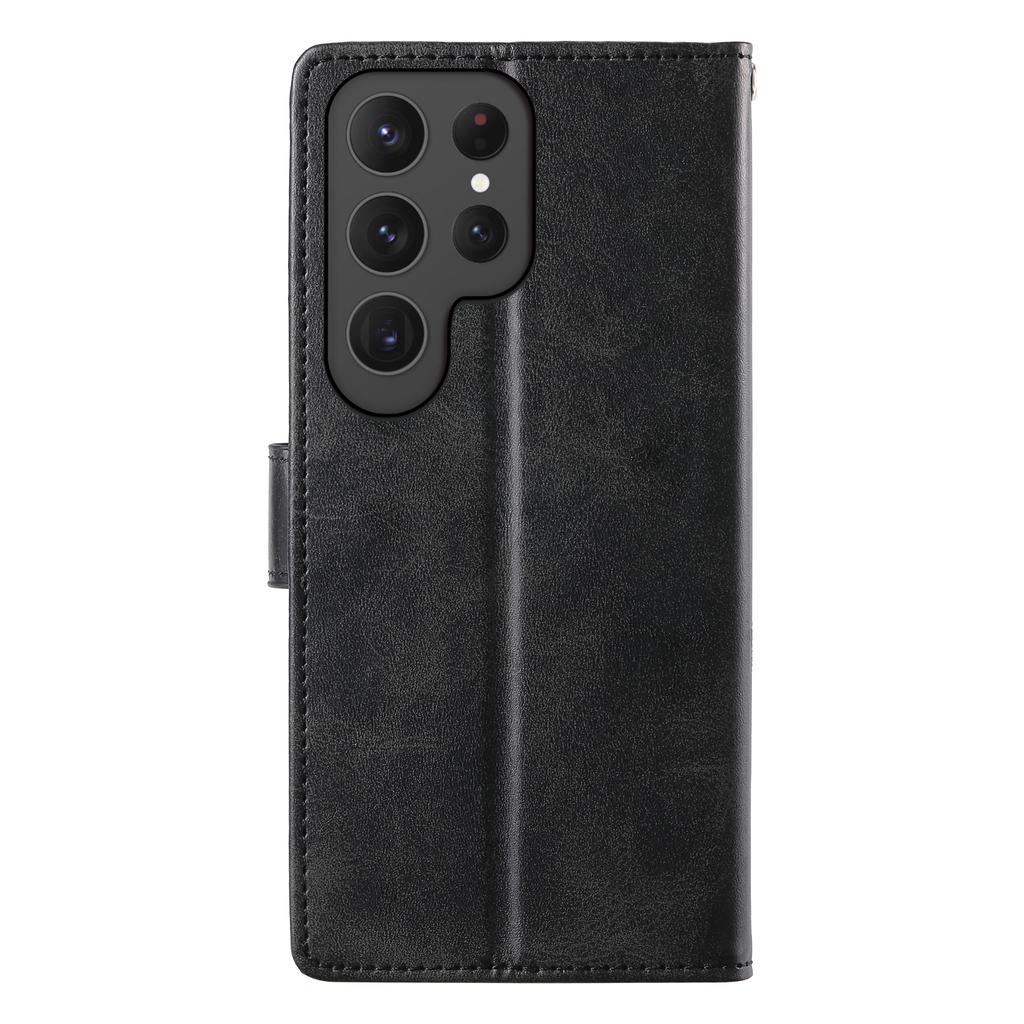 Etui Portfel z Podstawką na Samsung Galaxy S25 Ultra, Tekstura Skóry Cielęcej, PU Skóra, Klapka z Paskiem na Nadgarstek