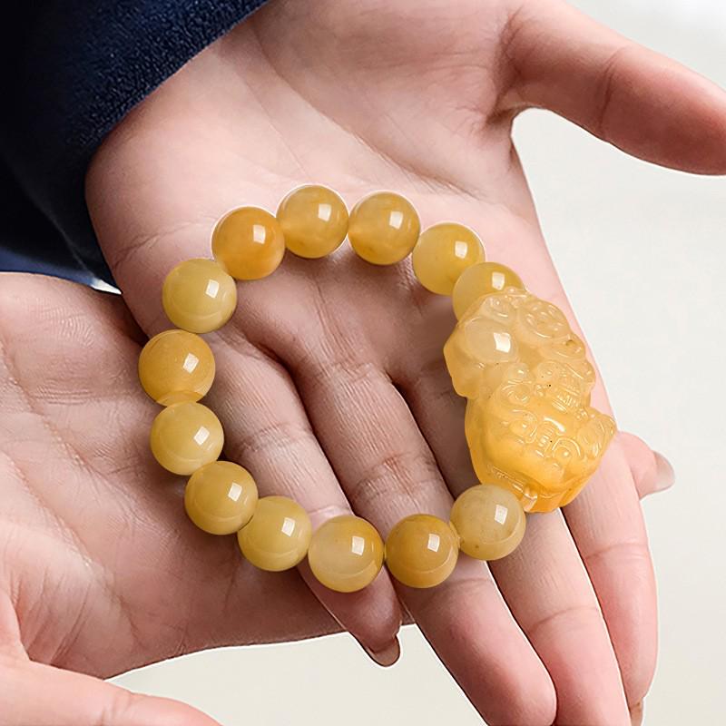 Natural Xinjiang Golden Silk Jade Pixiu Bracelet - Gobi Yellow Jade Protector