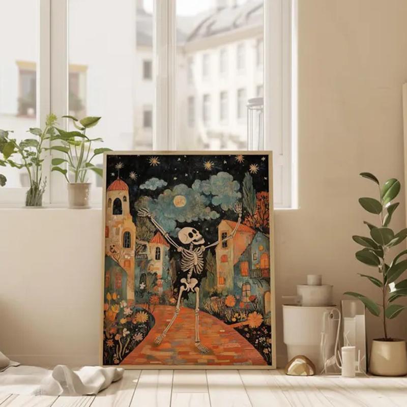 Halloween Skeleton Frameless Cavans Poster Vintage Skeleton Poster Spooky Wall Art Print Halloween Painting Trendy Gallery Print