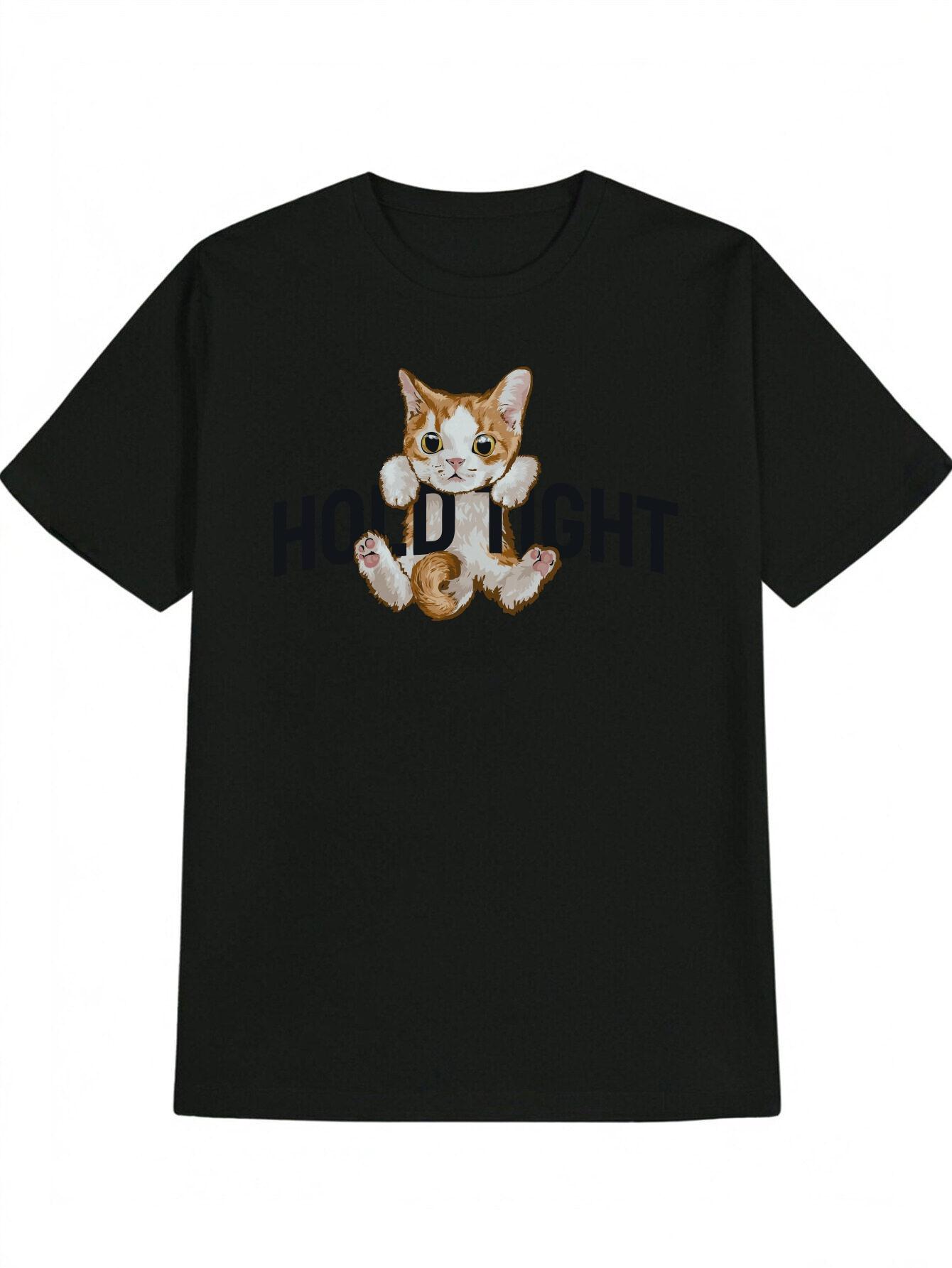 Casual Short Sleeve T-shirt with Playful Kitten & Hold Tight Graphic Print - Black Round Neck Summer Top XXXXL
