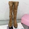 Women's High Boots Retro Design Pleated Pointed Toe Buckle Strap Mid-Calf Boots Fashion Versatile Chunky Heels Shoes Botas Mujer