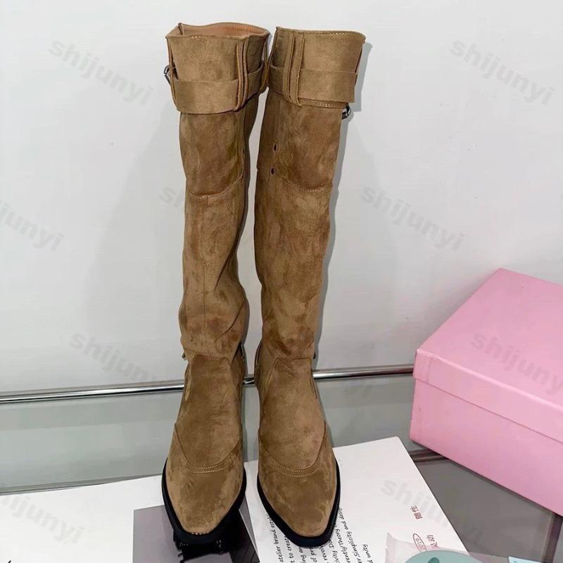 Women's High Boots Retro Design Pleated Pointed Toe Buckle Strap Mid-Calf Boots Fashion Versatile Chunky Heels Shoes Botas Mujer