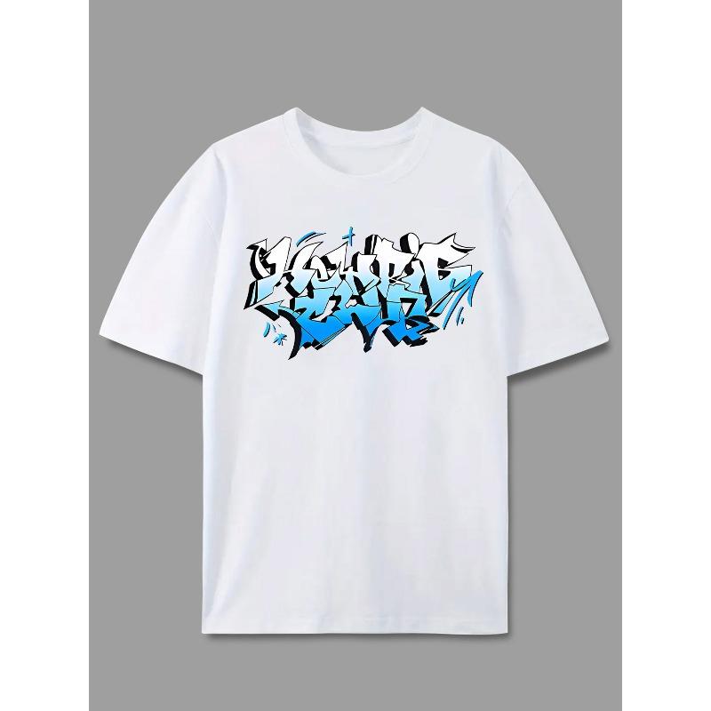 

European sizes Blue and White Graffiti Print American Streetwear Brand Designer Graffiti Letter Print Short-Sleeve T-Shirt XL белый