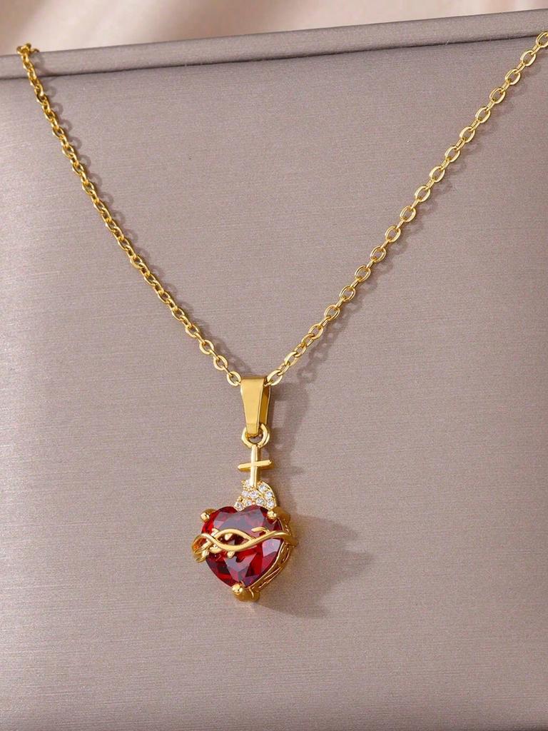 1 Pc Sacred Heart Of Jesus Necklace For Women Red Cubic Zirconia Cross Pendant Stainless Steel Chain Necklace Religious Jewelry Accessoriesor Her