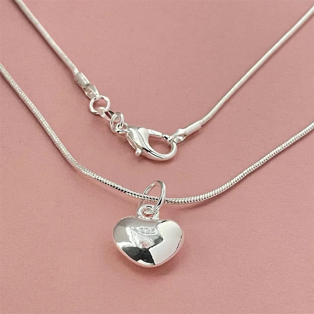 Delicate 925 Silver Heart Pendant Necklace with Snake Chain for Women