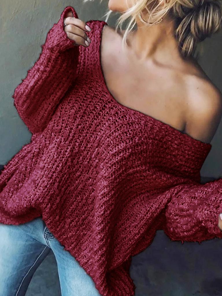 Damen Pullover Grobstrick Weiter V-Ausschnitt Lange Ärmel Offene Strickstruktur Lockerer Pullover Schulterfrei Einfarbig Herbst Jumper