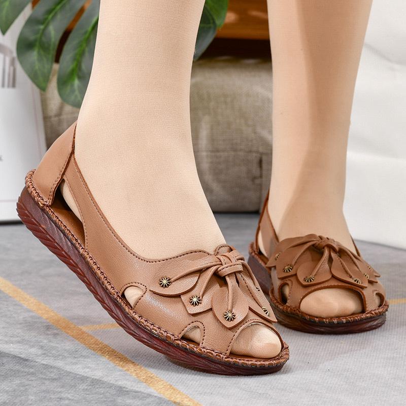 Summer Sandals Women's Mother Shoes Leather Soft Bottom Non-slip Fish Mouth Comfortable Large Size Hole Shoes Hollow Women's Shoes
