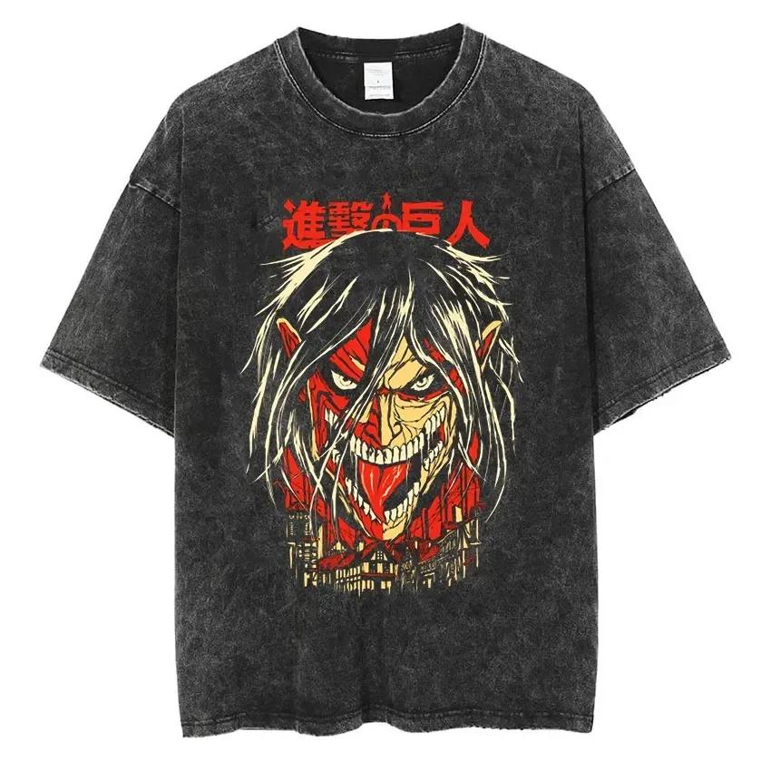 

Attack on Titan Retro Washed Oversized Y2k T-shirt Women Men Mikasa Ackerman Eren Jaeger Wings of Freedom Cotton Clothing L