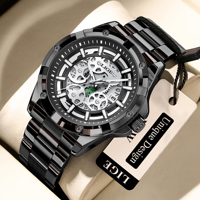 Reloj de Cuarzo para Hombre Negro Esqueleto Hueco Resistente al Agua Reloj para Hombre Deportes al Aire Libre Luminoso Fecha Reloj Masculino Relogios Masculino