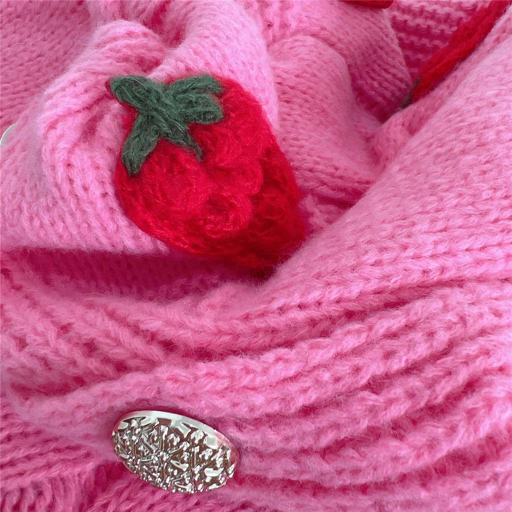 Casual Loose Strawberry Embroidery Thick Fried Dough Twists Single Breasted Knitting Sweater Coat Cardigan Women 3590 KTB