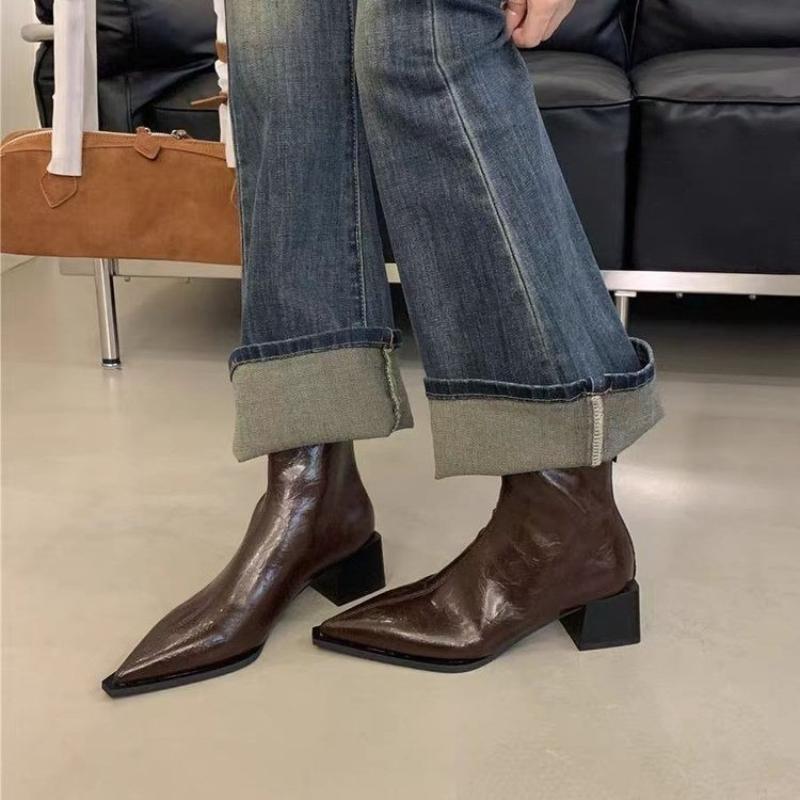 Fashion Pointed Toe Modern Ladies Short Boots Shoes Female Square Heels Women Ankle Stretch Boots Zippers Shoes Pumps 35-42