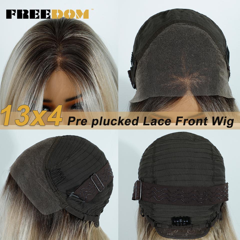 FREEDOM 13x4 Synthetic Lace Front Wigs For Women Short Bob Wig With Bangs Pre Plucked Wear And Go Pre-cut Ombre Blonde Lace Wigs