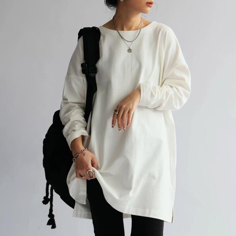 Autumn Minimalist Mid Length Long Sleeved T-shirt for Women Loose Casual Round Neck Pullover Solid Color Base Shirt T-Shirts Women’s