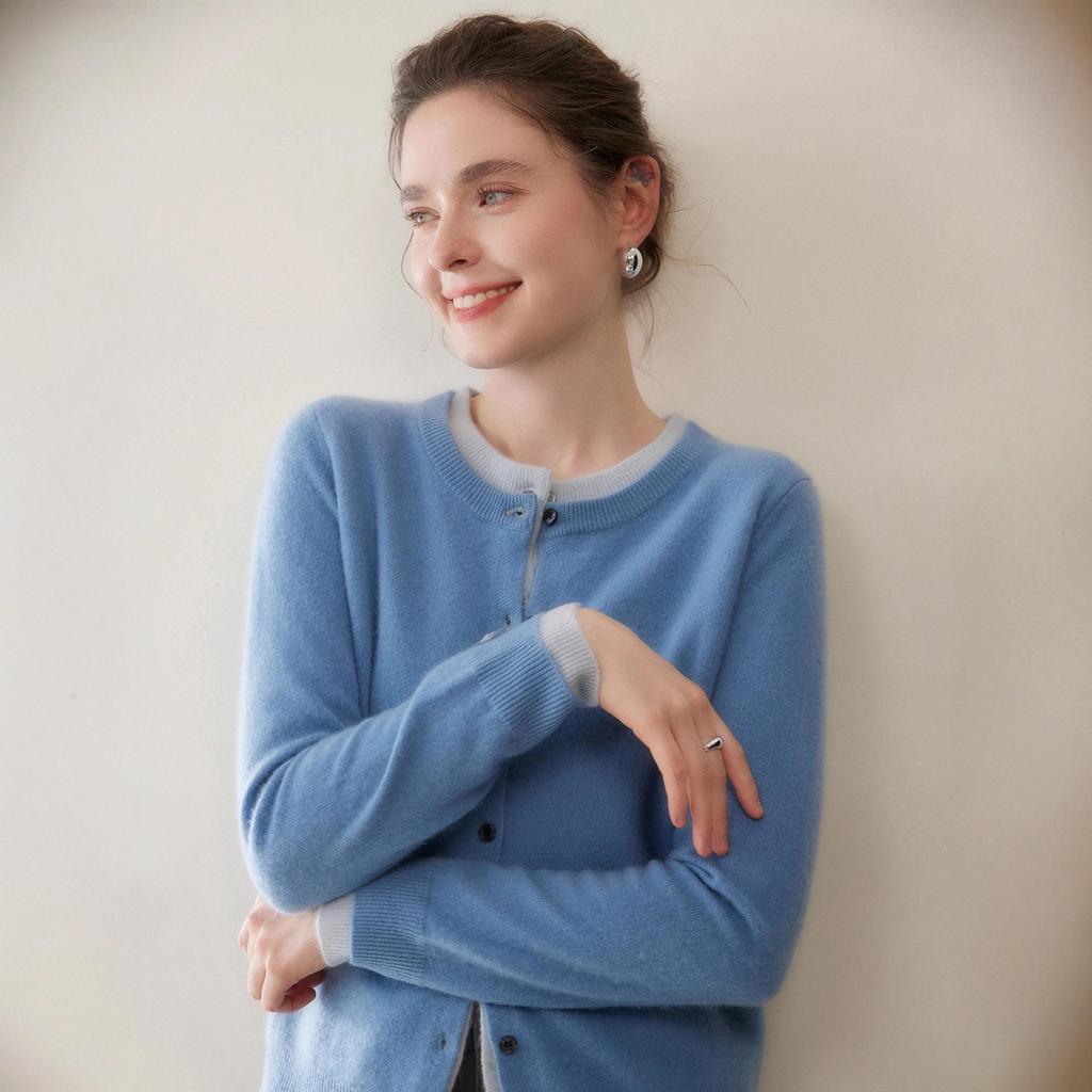 New Women's Cashmere Cardigan: Two-Piece Knit Sweater Coat, Loose, Slimming, Thickened, Round Neck, Color Block Design.