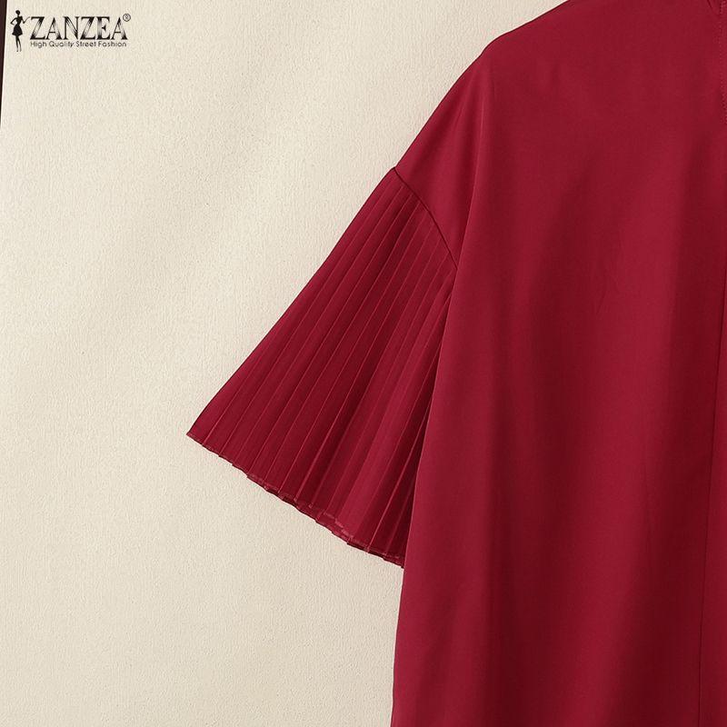 ZANZEA Women Casual Stand Collar Loose Pleated 3/4 Sleeve Print Blouse