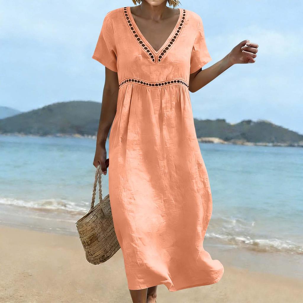 Women’s Summer V Neck Short Sleeve Cotton Linen Dress Hollow Lace Trim Loose Fit Midi Casual Dress for Daily Wear